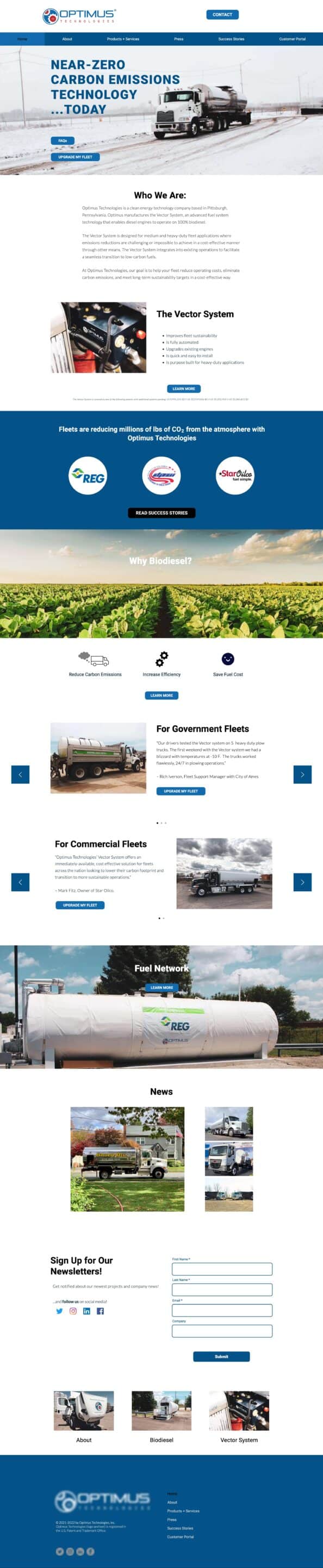 screenshot of optimus technologies website